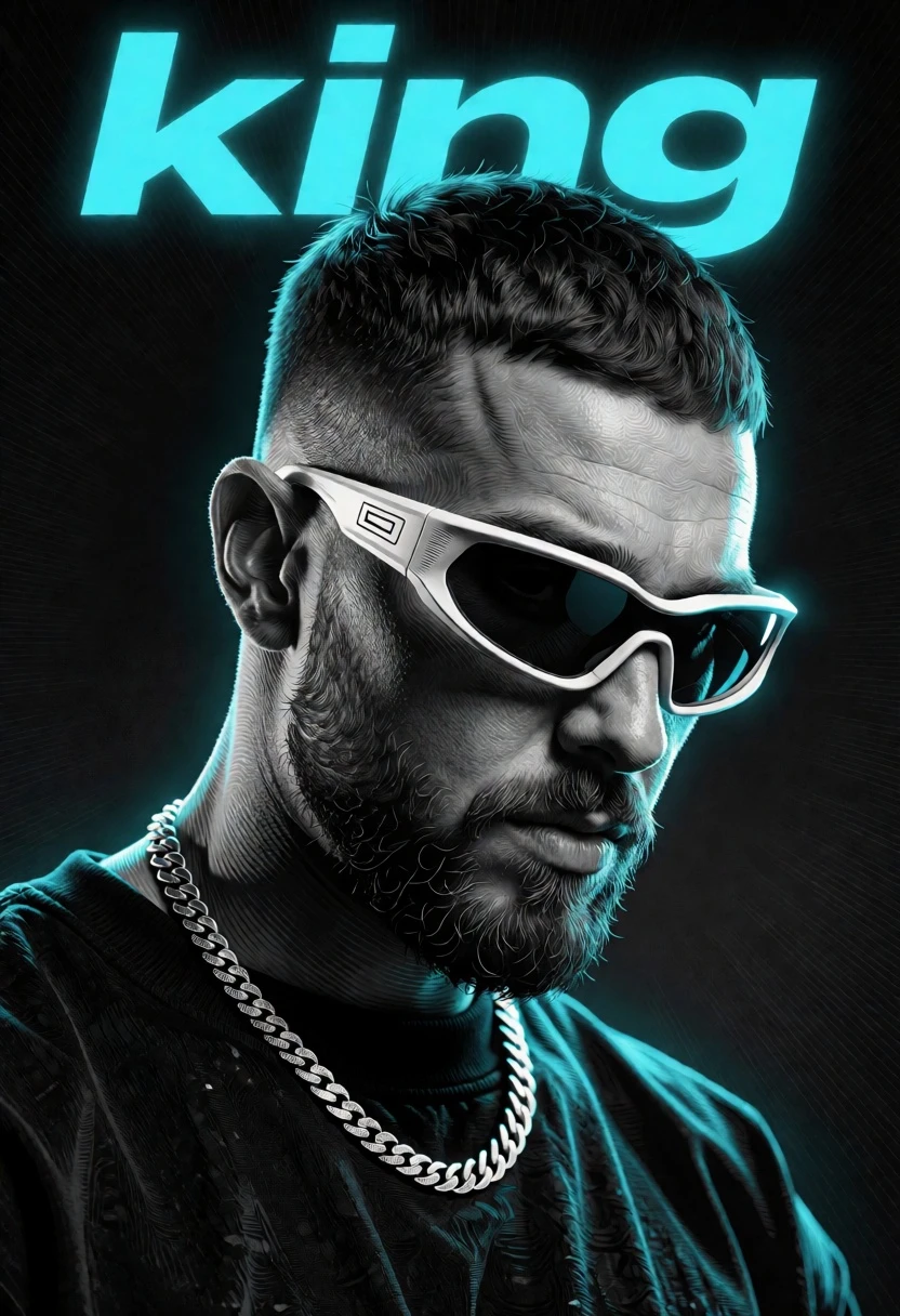 Stylized portrait of bearded man with futuristic sunglasses against dark background - AI generated image prompt sample