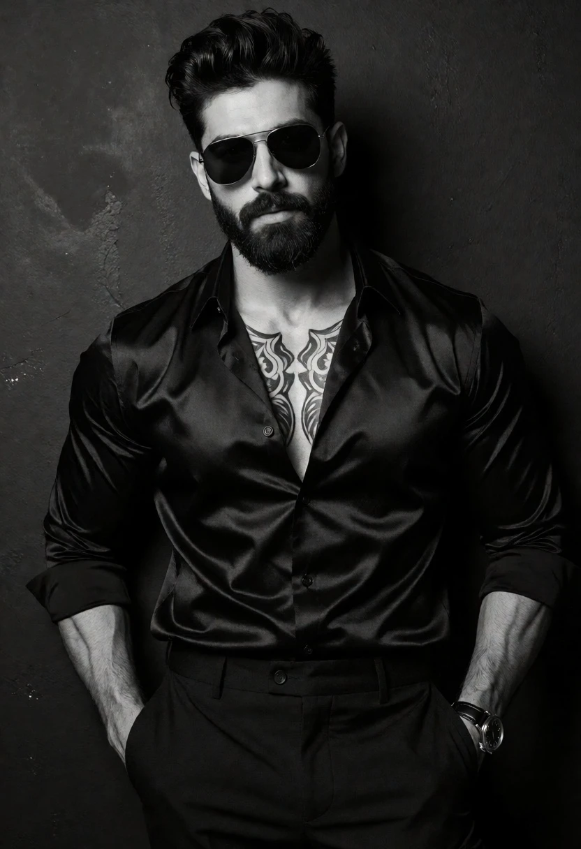 Muscular man in black shirt leaning against dark wall studio portrait - AI generated image prompt sample