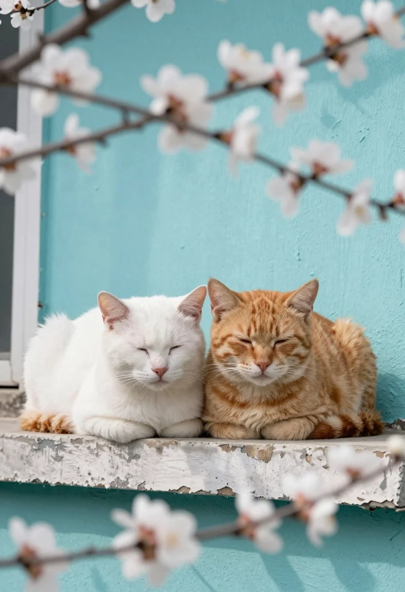Two sleeping cats on weathered windowsill framed by blooming white branches - AI generated image prompt sample