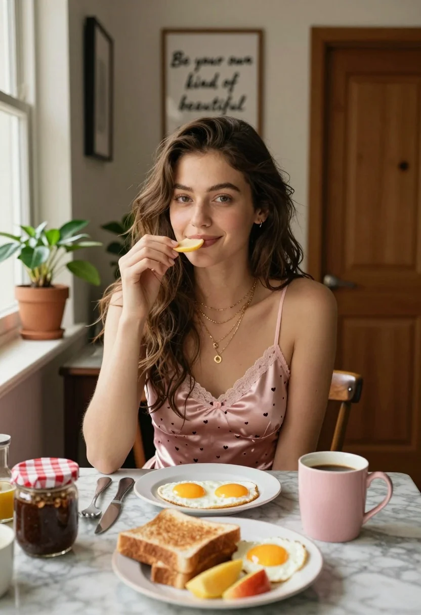 Young woman with brown hair eating breakfast in cozy naturally lit dining - AI generated image prompt sample