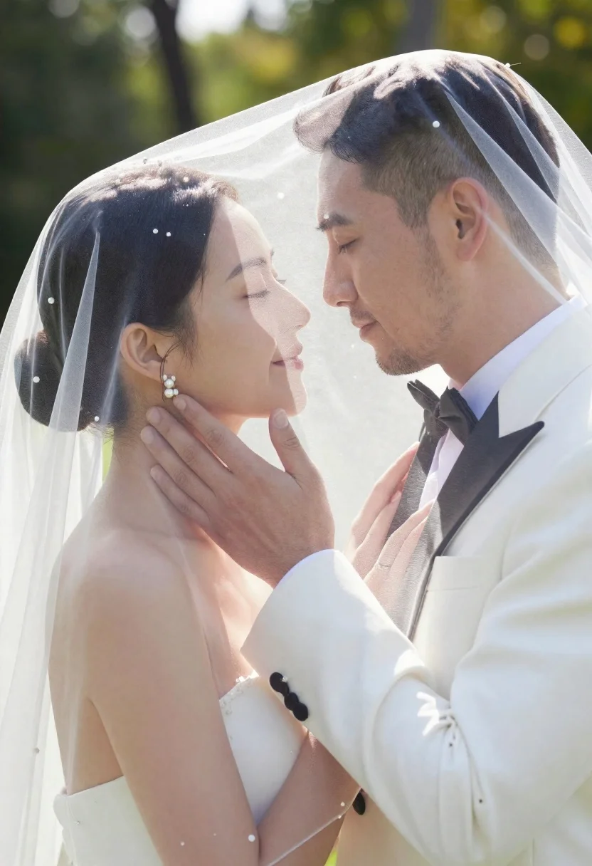 Bride and groom sharing intimate moment under sheer veil in garden - AI generated image prompt sample