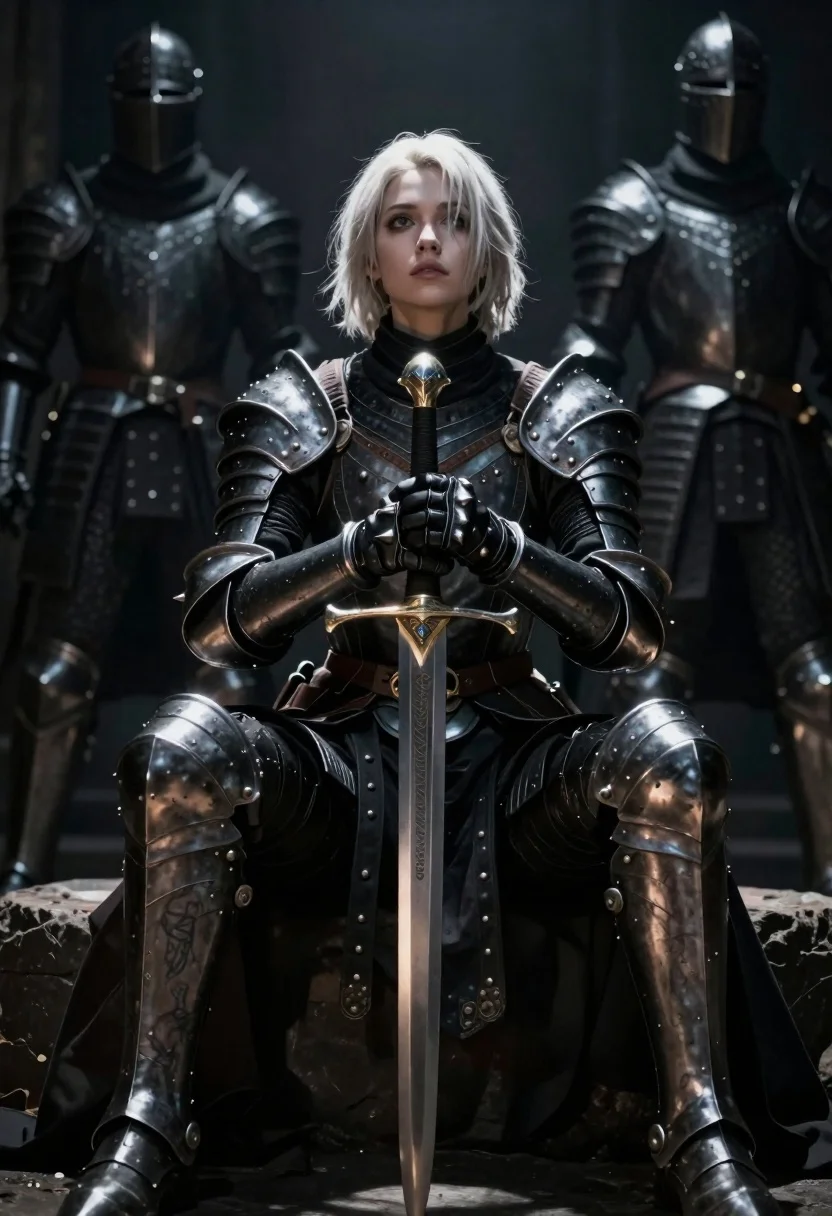 Warrior woman in dark armor seated with ornate sword