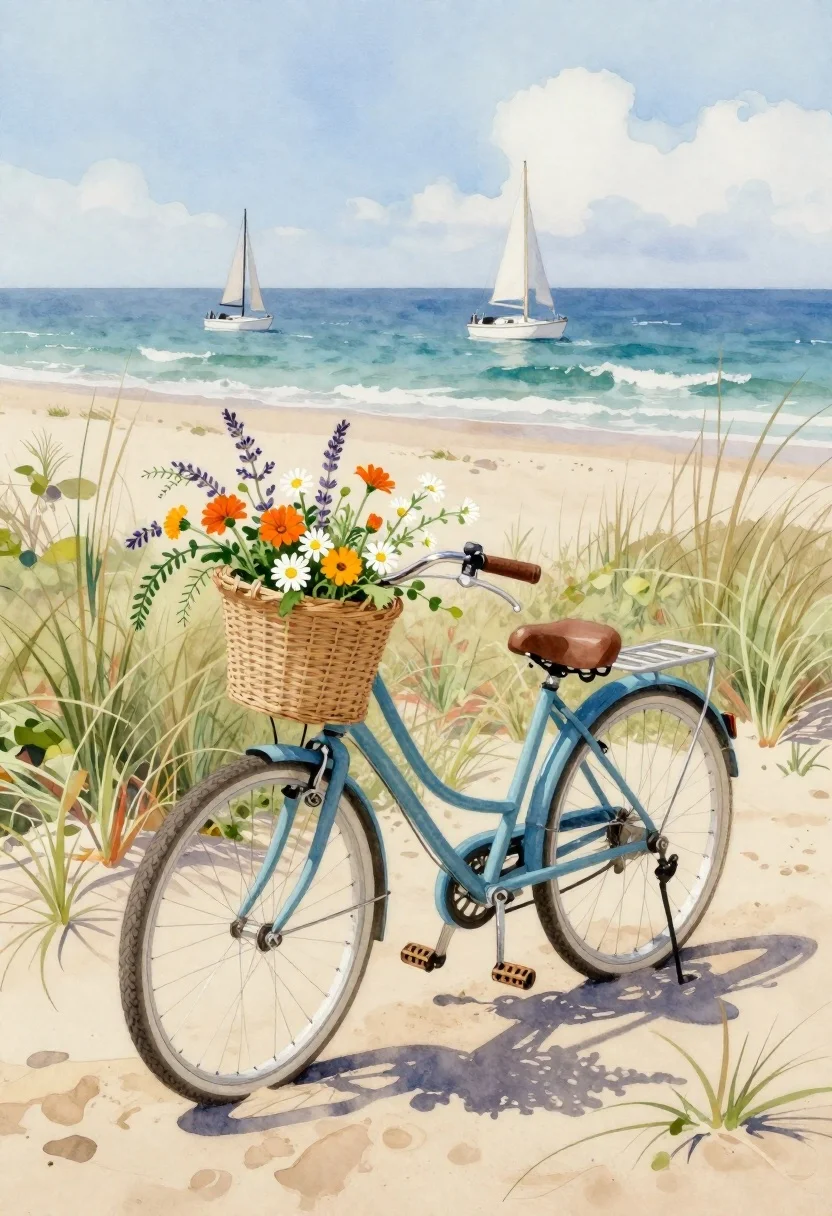 Watercolor bicycle on sandy beach with wildflowers
