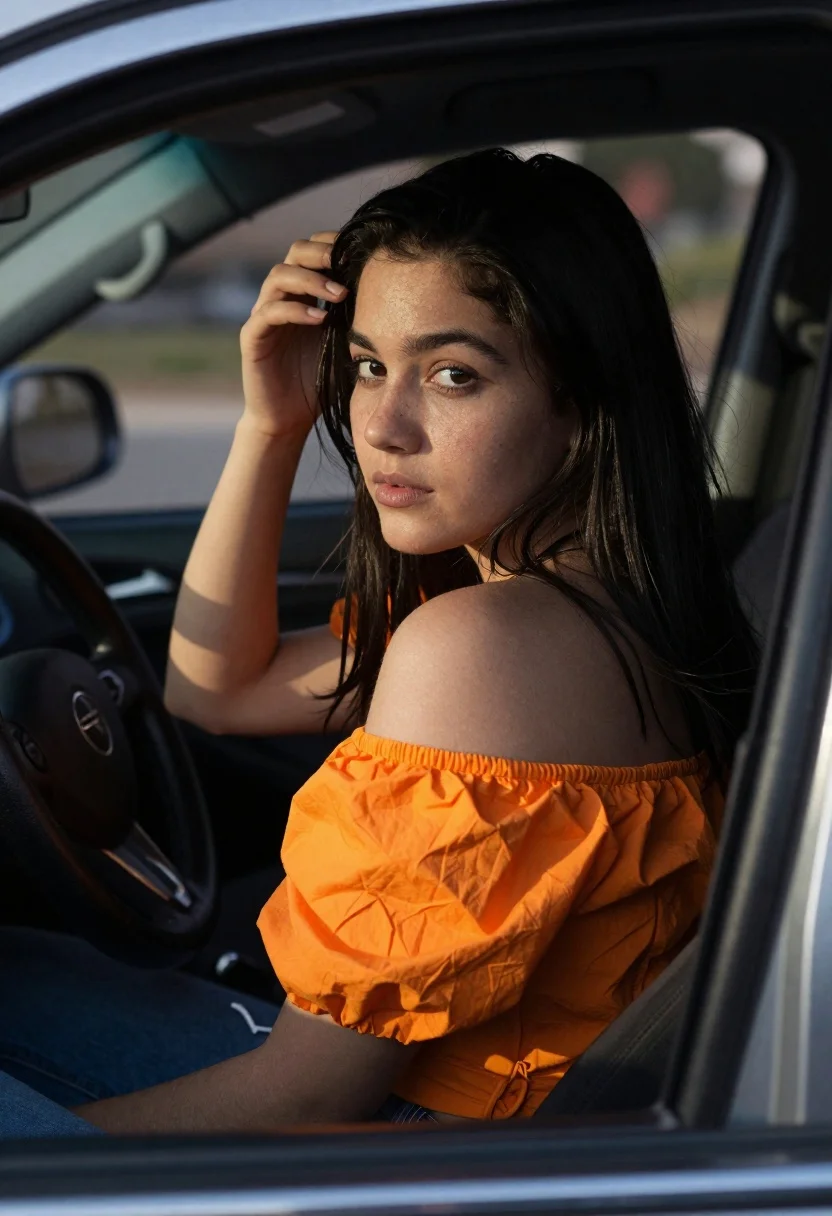 Young woman in orange top sitting inside car looking back over shoulder