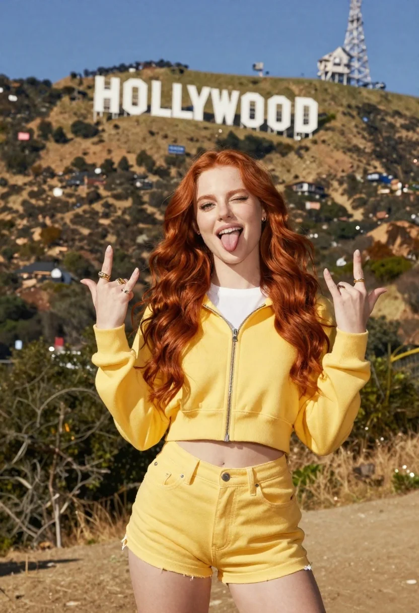 Young woman in yellow hoodie posing near hollywood sign hillside - AI generated image prompt sample