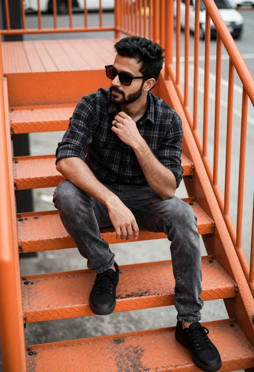 Man sitting on bright orange industrial metal stairs in an urban setting - AI generated image prompt sample