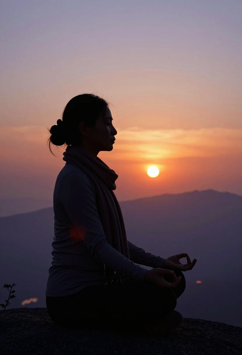 Woman in meditative pose against dramatic sunset mountains and clouds - AI generated image prompt sample
