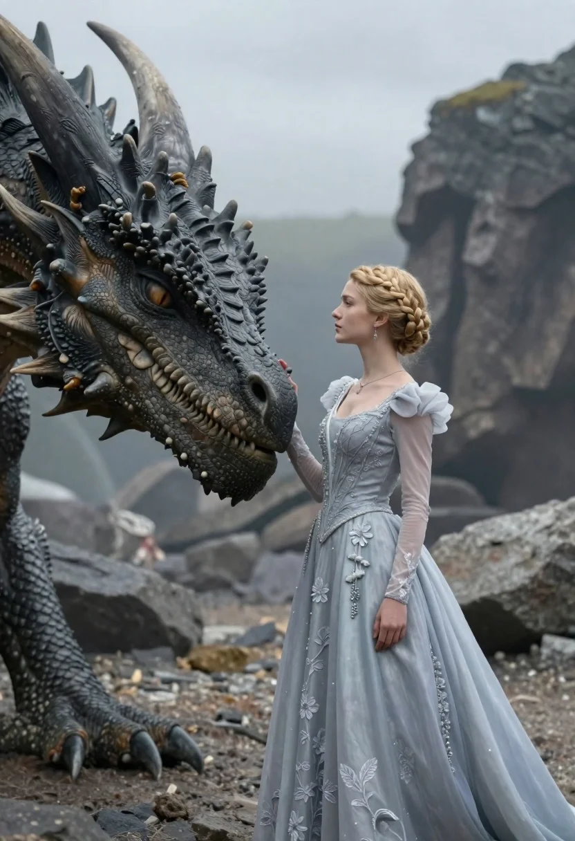 Young woman in blue gown stands beside massive dragon head on rocky - AI generated image prompt sample