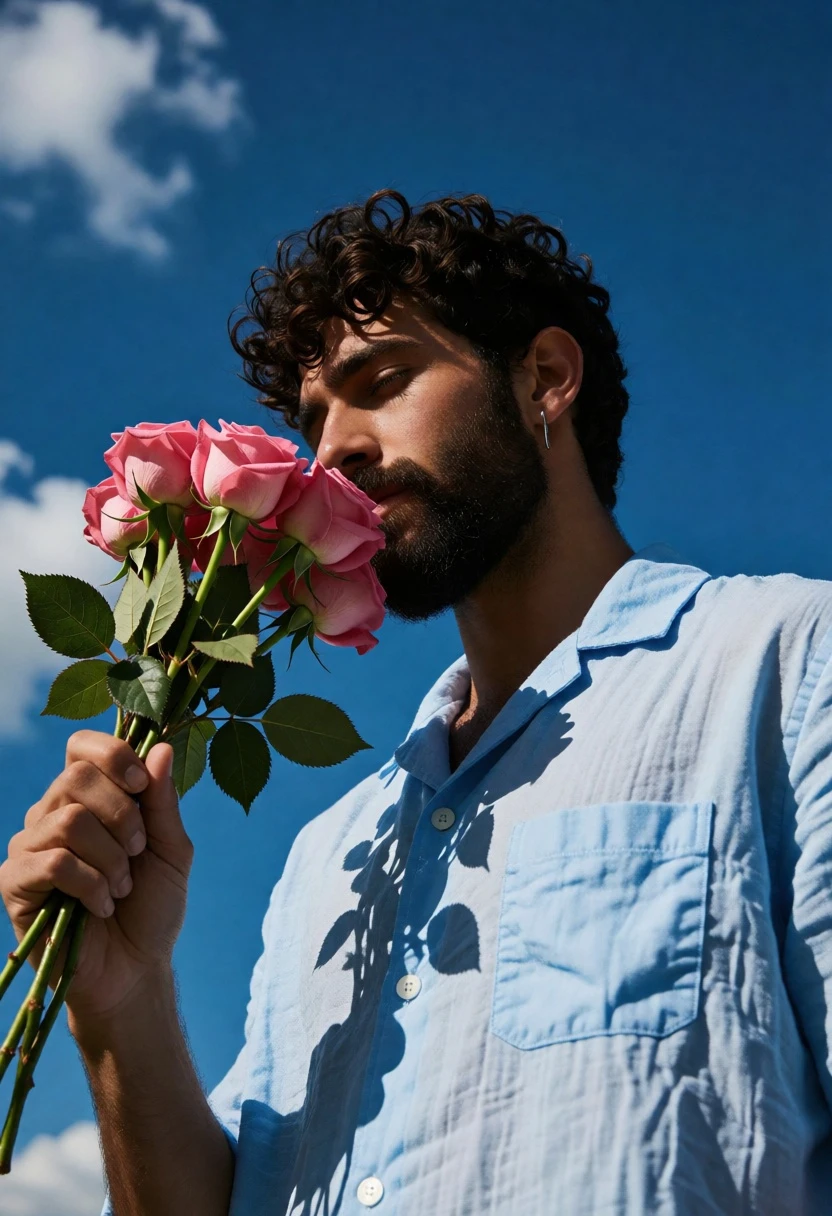 Man smelling pink roses against vivid blue sky from low angle view - AI generated image prompt sample