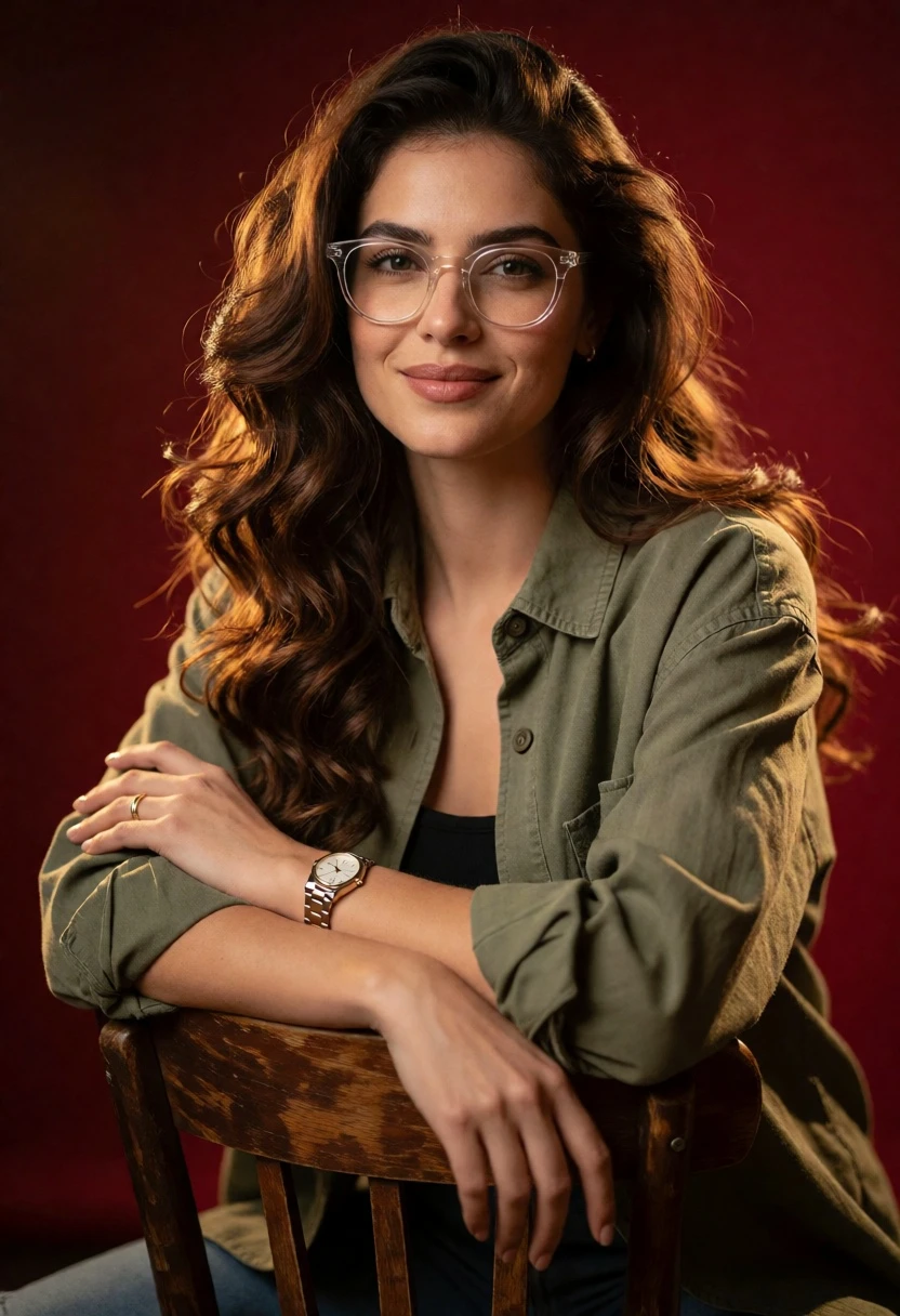 Portrait of woman with brown hair sitting on chair against deep red - AI generated image prompt sample