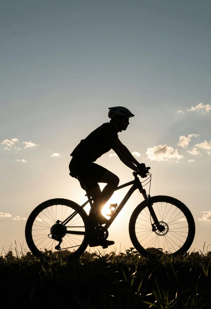 Silhouette of cyclist riding mountain bike across grassy field at sunset - AI generated image prompt sample
