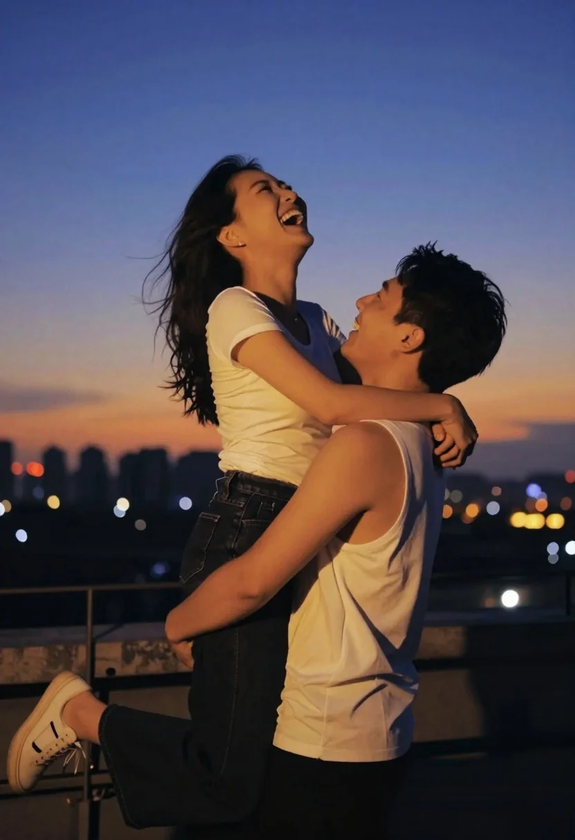 Joyful couple embracing on rooftop overlooking twilight city skyline - AI generated image prompt sample
