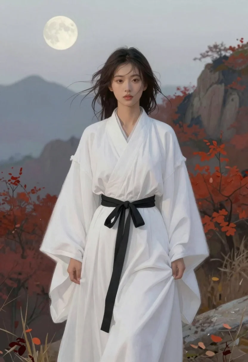Woman in white robe before autumn misty mountains and moon