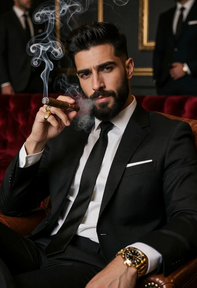 Man in black suit holding cigar seated in leather chair upscale interior - AI generated image prompt sample