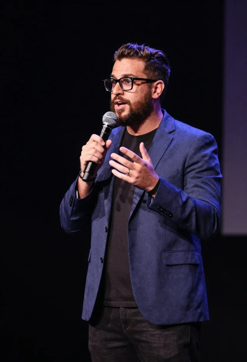 Man giving energetic presentation on a dark stage