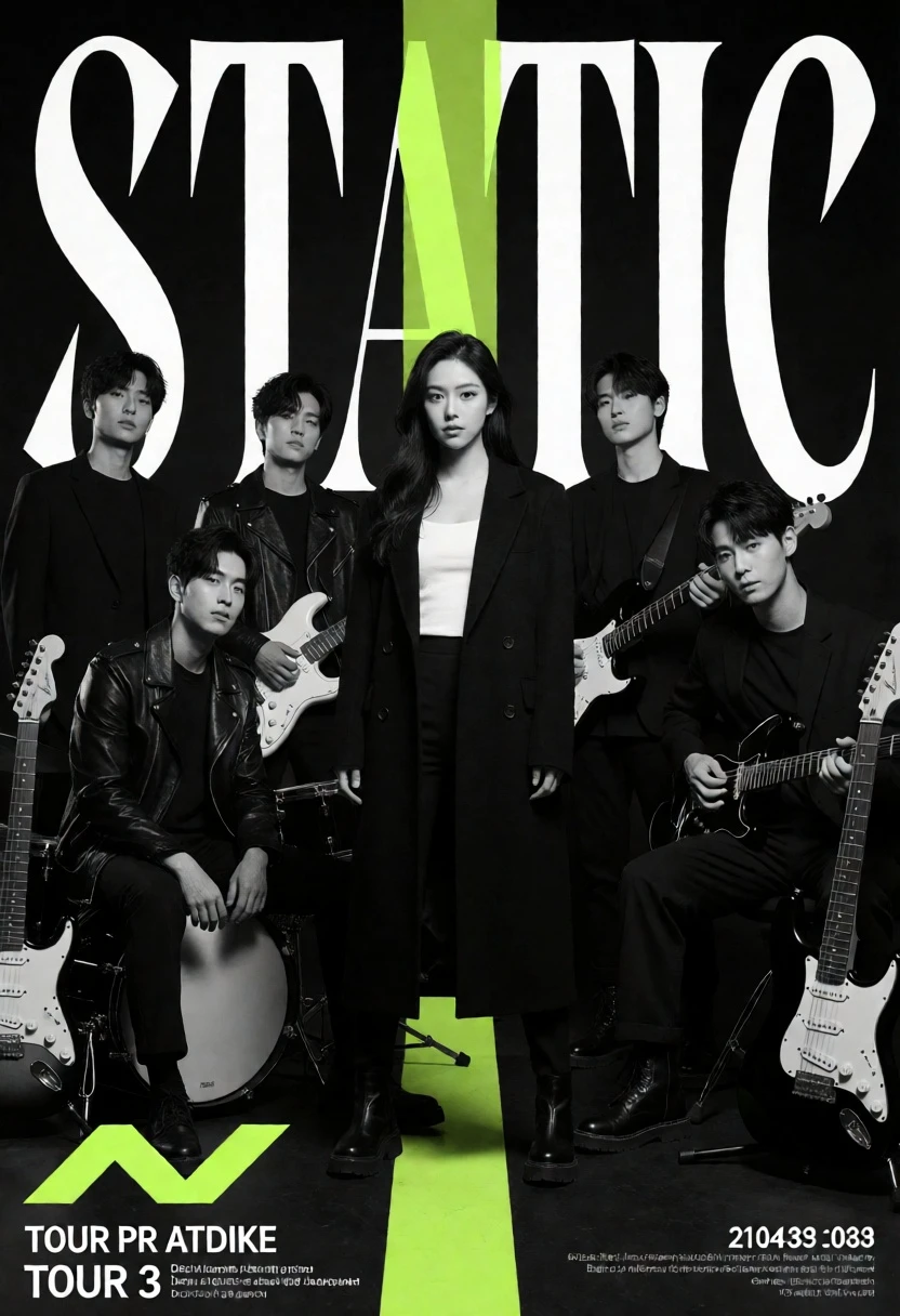 Five musicians in dark studio setting with large white and neon text - AI generated image prompt sample
