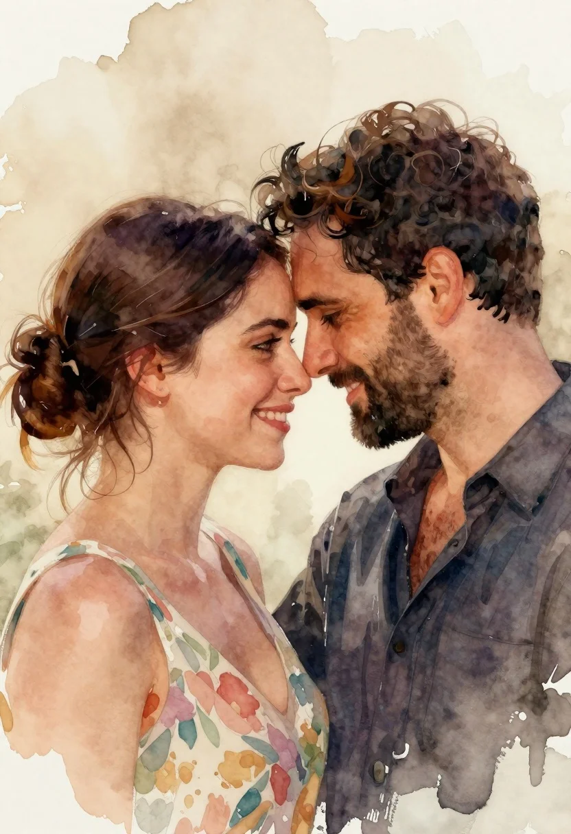 Watercolor portrait of a smiling woman and bearded man in embrace - AI generated image prompt sample