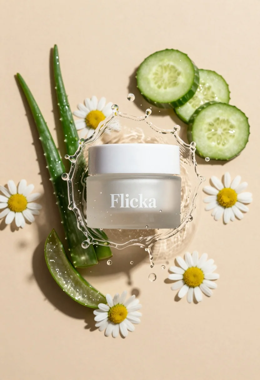 Top down studio shot of skincare product jar surrounded by fresh botanical - AI generated image prompt sample