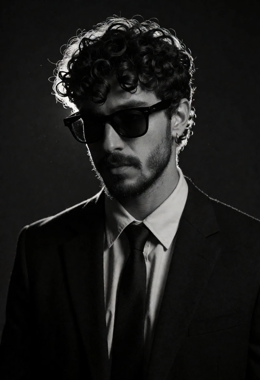 Man in dark suit jacket standing against void background black and white - AI generated image prompt sample