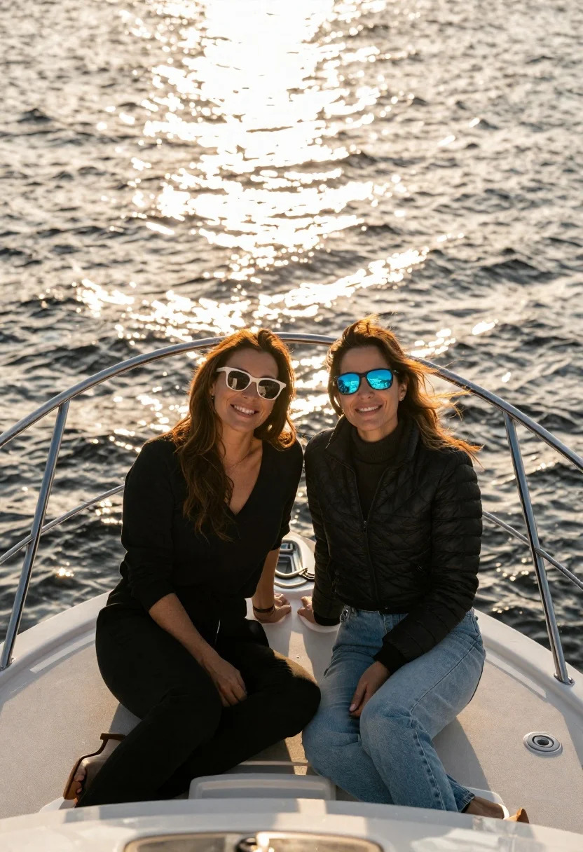Two women smiling on boat bow at golden hour sunlight reflection