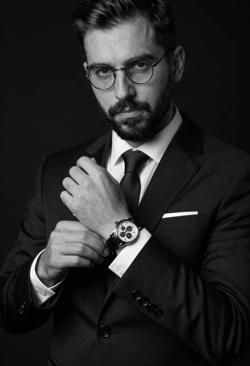 Monochrome portrait of man adjusting wristwatch on black background - AI generated image prompt sample