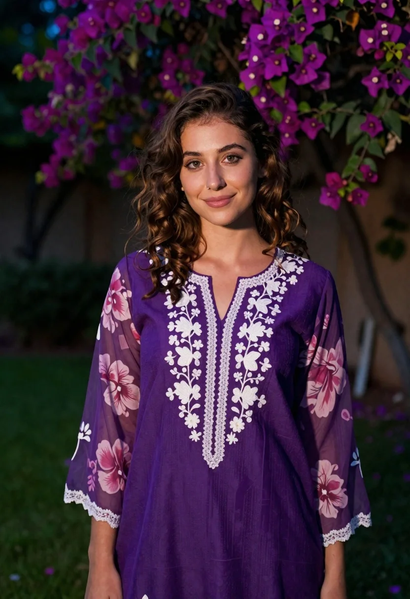 Portrait of young woman in purple tunic standing in night garden - AI generated image prompt sample