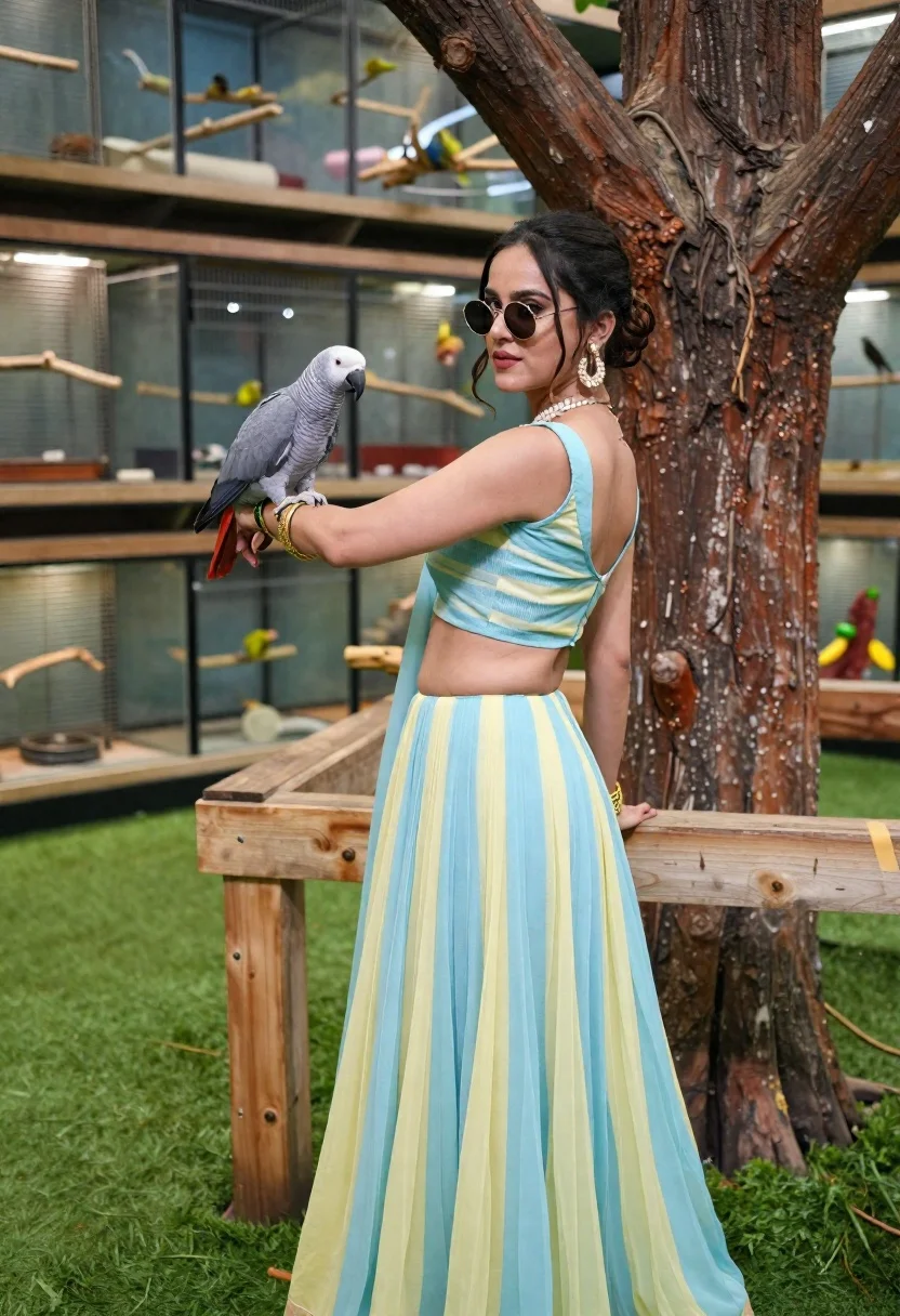 Young woman in lehenga holding grey parrot near artificial tree indoors