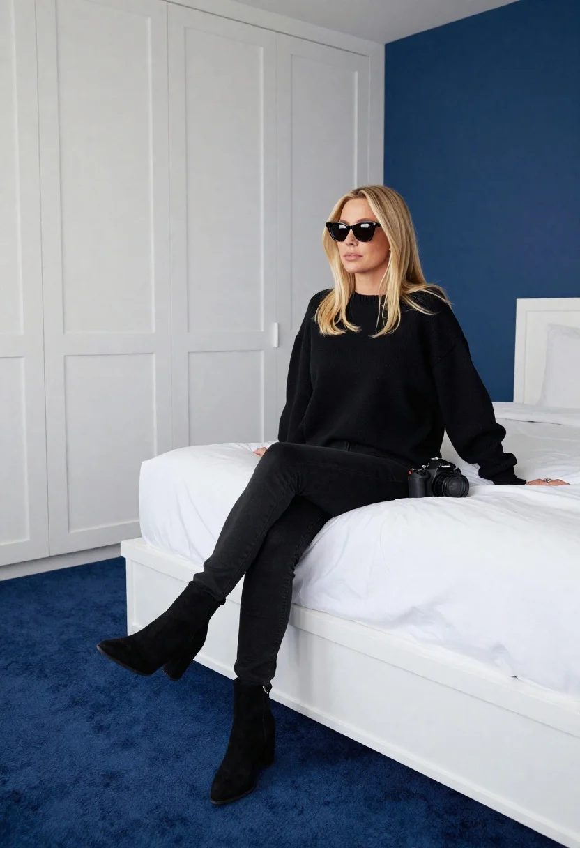 Blonde woman sitting on white bed in modern bedroom setting - AI generated image prompt sample