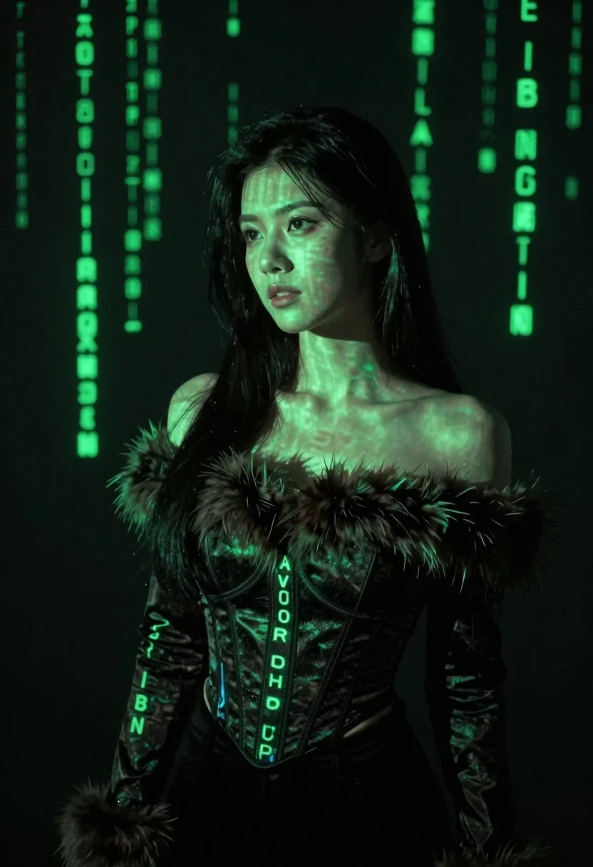 Young woman with long black hair standing in dark environment with projected - AI generated image prompt sample