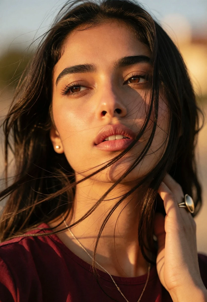 Close up portrait of young woman with dark hair at golden hour - AI generated image prompt sample