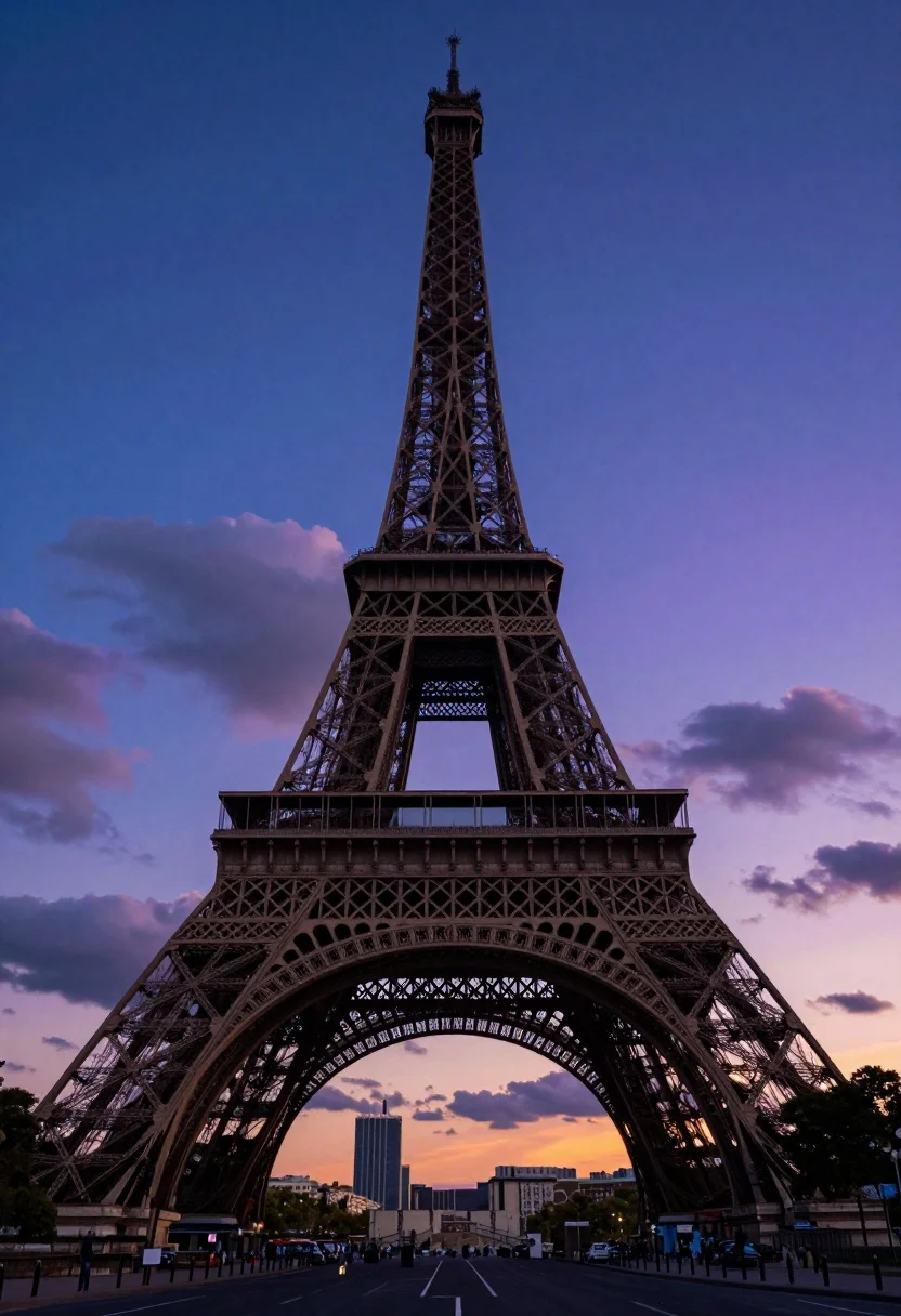 Low angle view of eiffel tower dominating paris twilight sky with city - AI generated image prompt sample