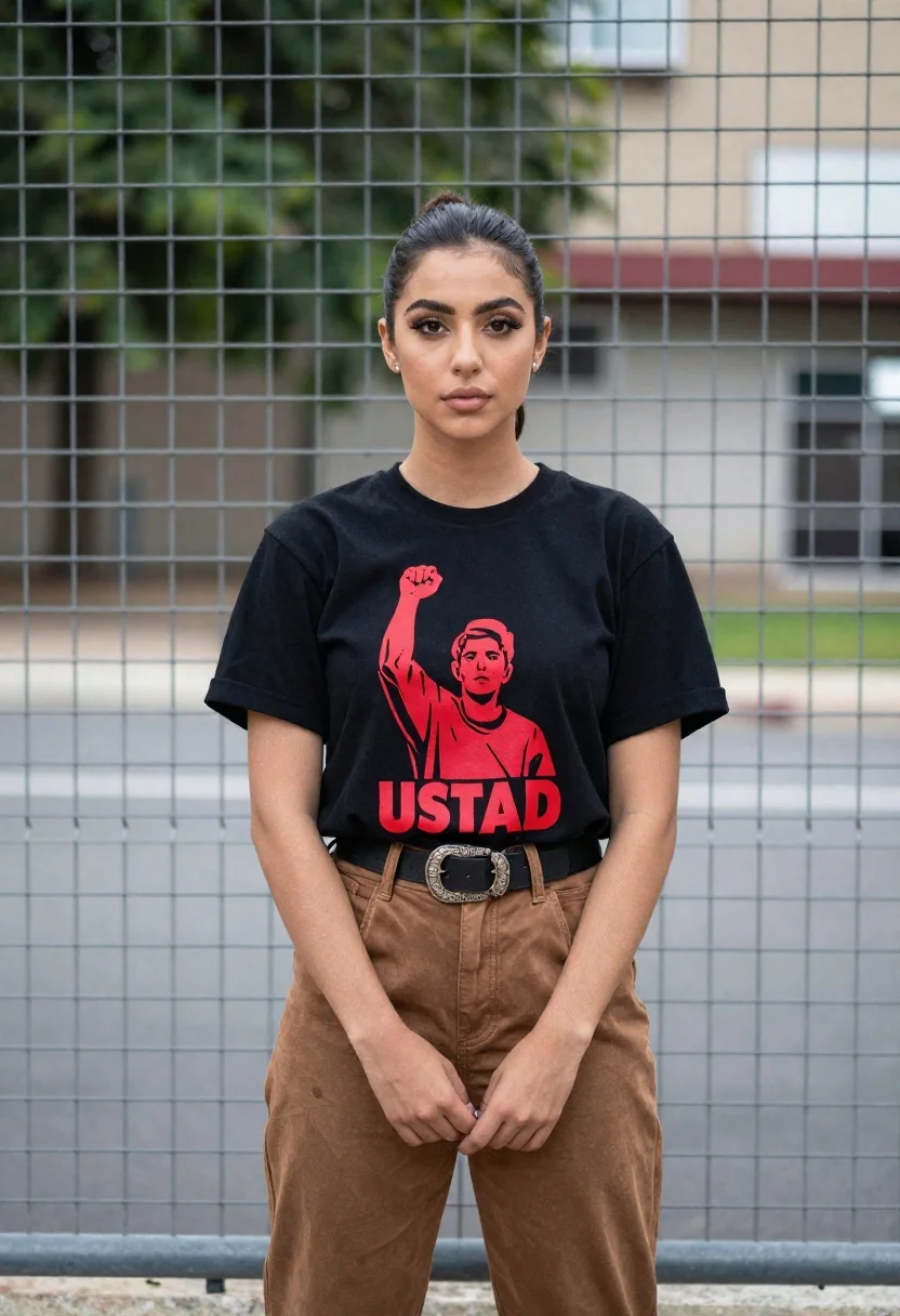 Young woman in black graphic tshirt by metal fence outdoors