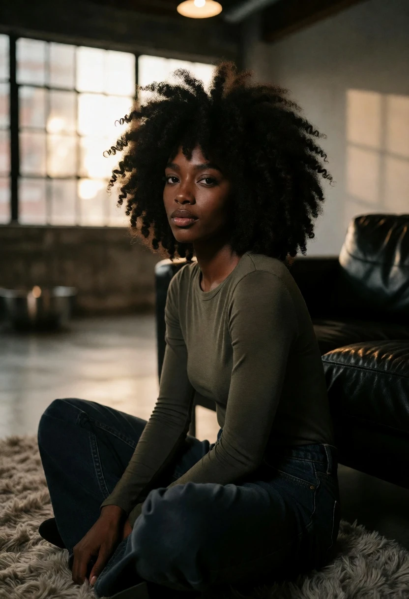 Black woman with afro seated on rug in industrial interior setting - AI generated image prompt sample