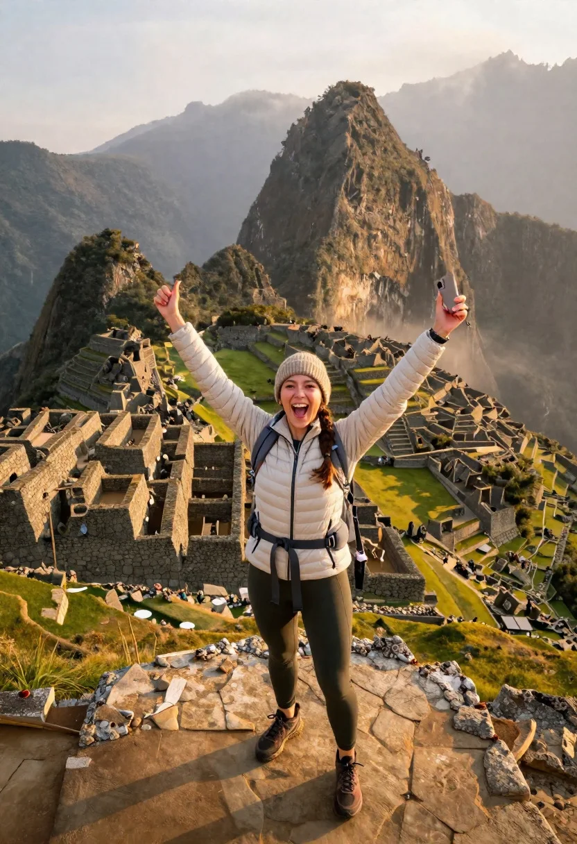 Exhilarated tourist woman at machu picchu summit at dawn