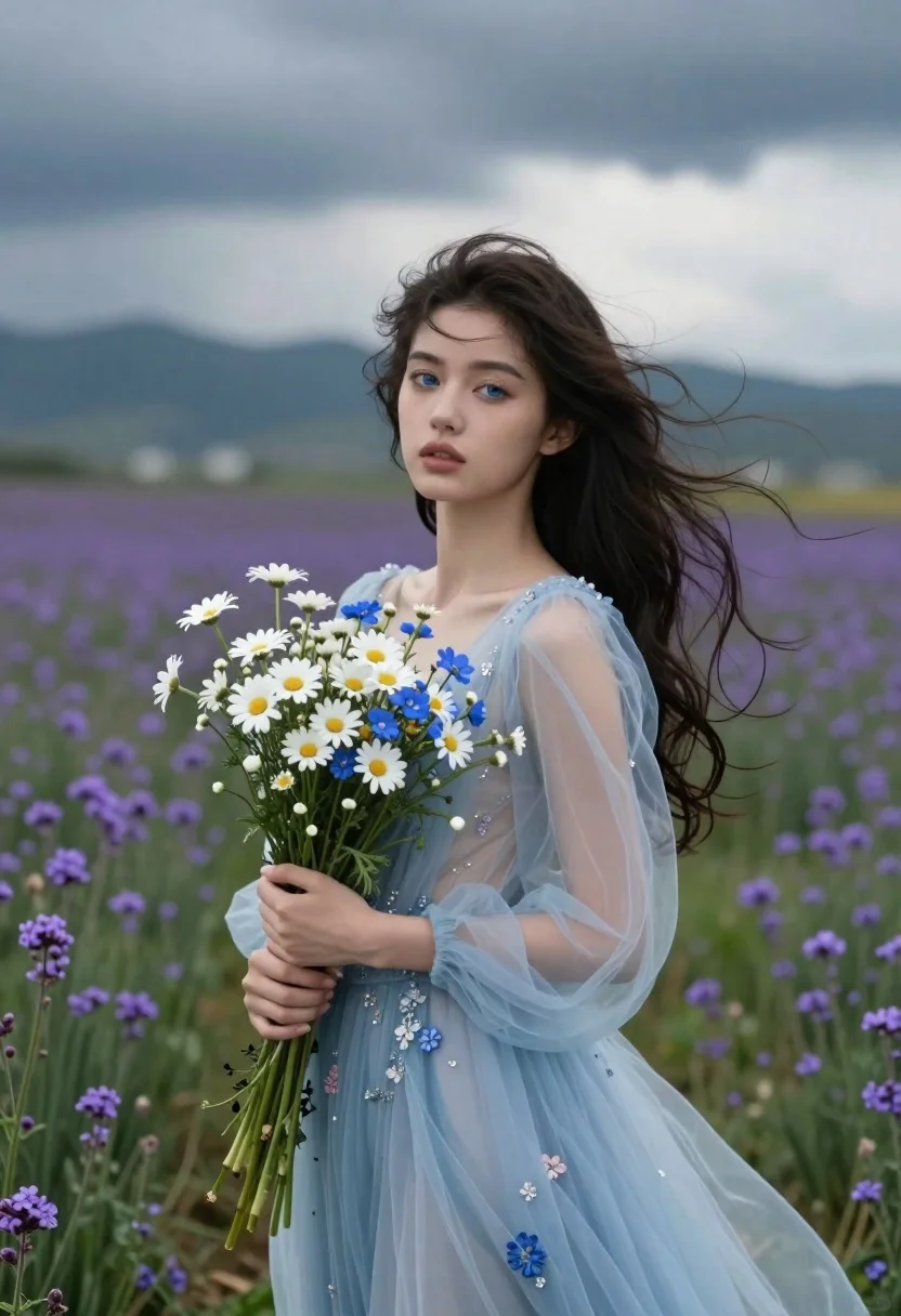Young woman in blue gown holding wildflowers in purple field - AI generated image prompt sample