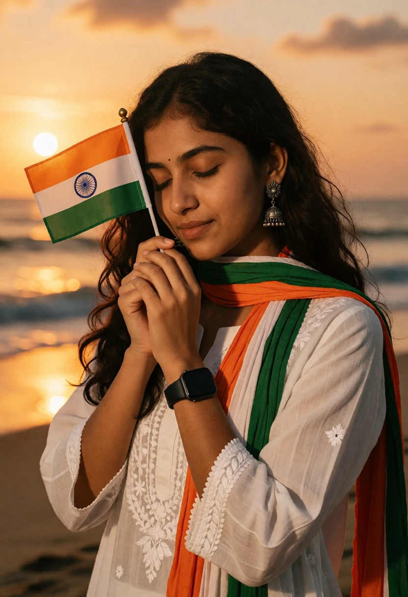 Young woman holding indian flag on beach at sunset golden hour - AI generated image prompt sample