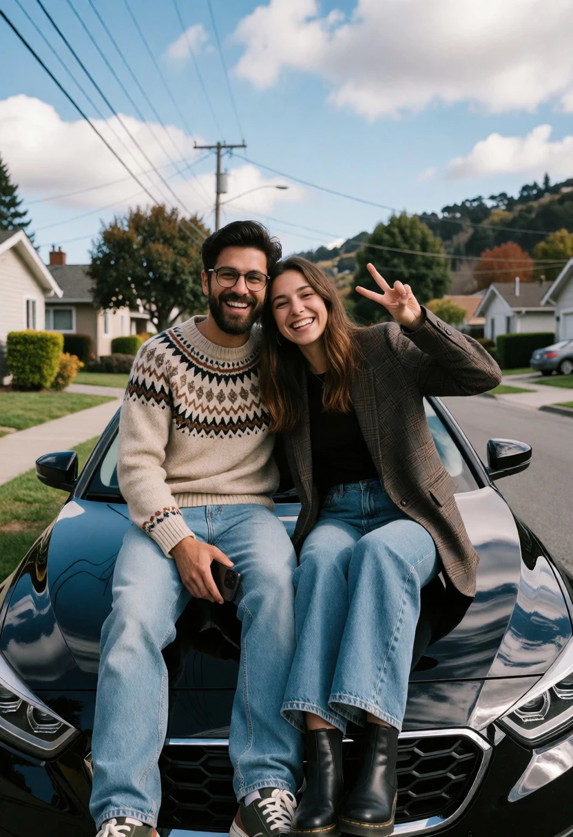 Cheerful couple sitting on a black car hood in suburban neighborhood setting - AI generated image prompt sample