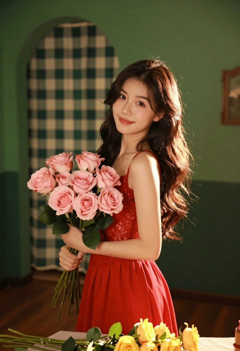 Young woman in red lace outfit holding pink roses indoors - AI generated image prompt sample