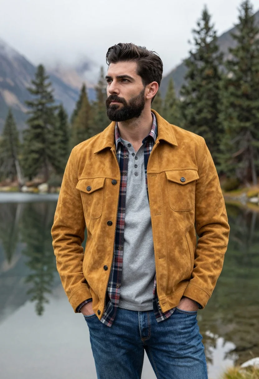 Handsome man in yellow jacket standing by misty mountains and calm lake - AI generated image prompt sample