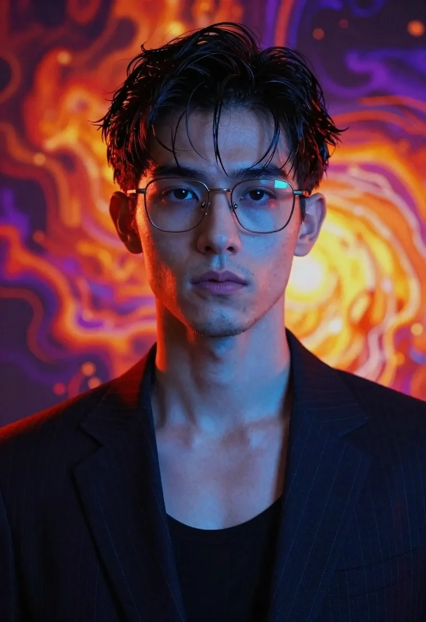 Close up portrait of young man with dark hair wearing rimmed glasses - AI generated image prompt sample