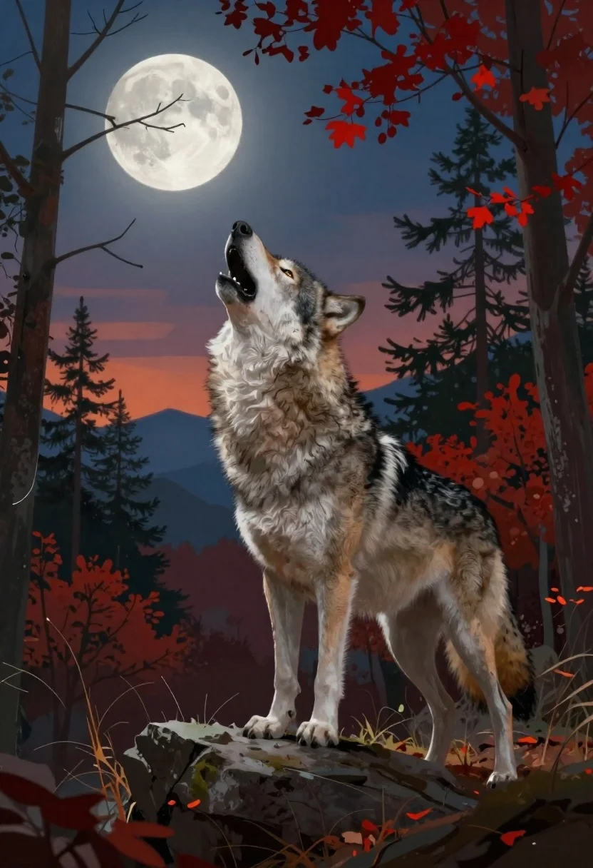 Wolf howling at the moon in an autumn forest