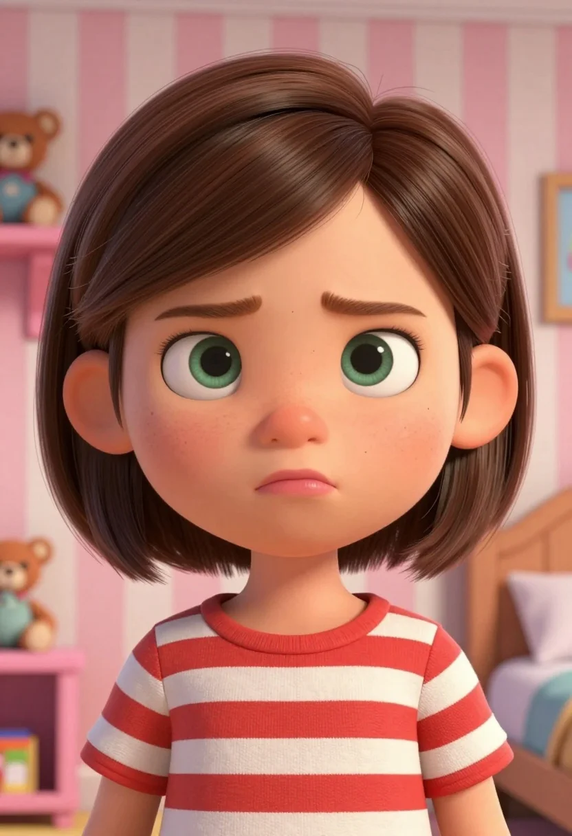 Medium close up portrait of young girl in striped shirt in bedroom - AI generated image prompt sample