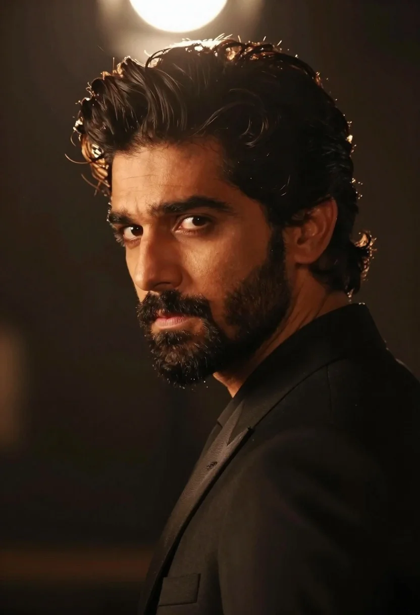 Handsome man in black suit jacket looking back over shoulder - AI generated image prompt sample