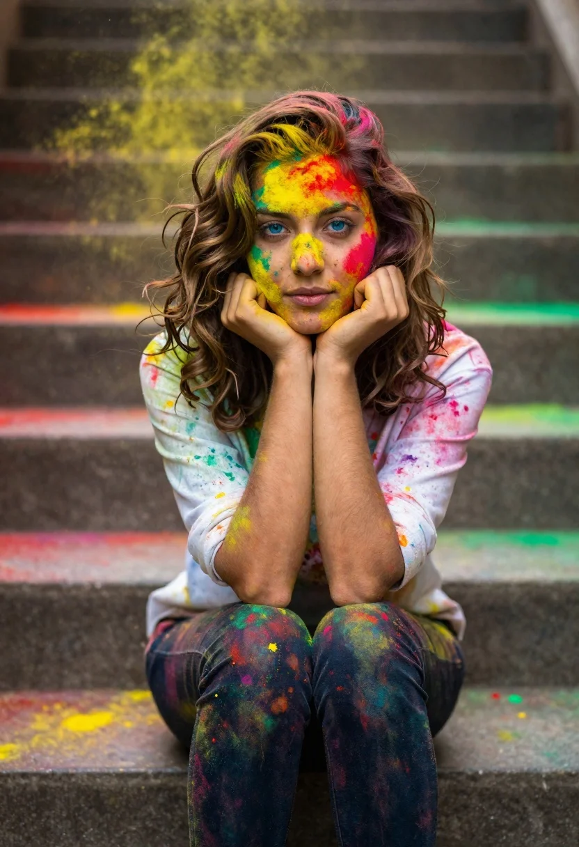 Young woman sitting on stone steps covered in vibrant colored powder - AI generated image prompt sample