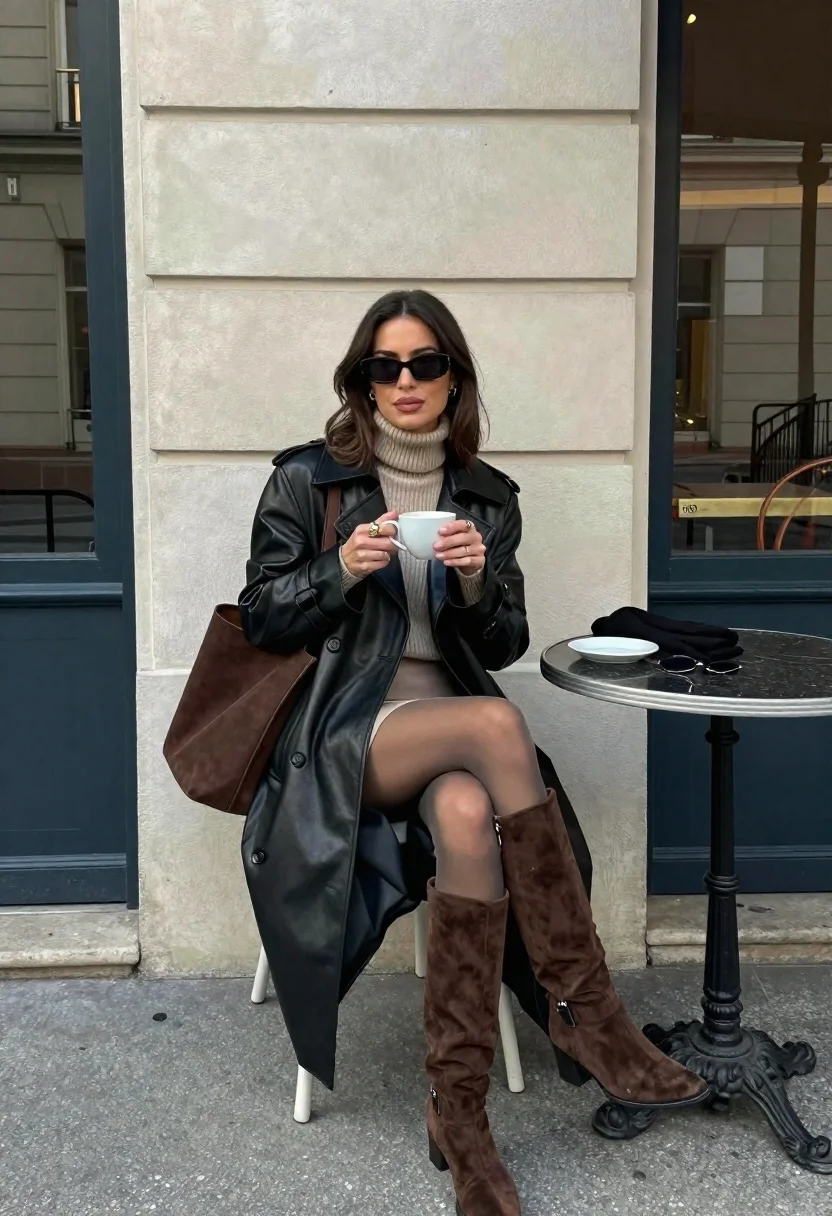 Stylish woman in leather coat sitting at an outdoor cafe table - AI generated image prompt sample