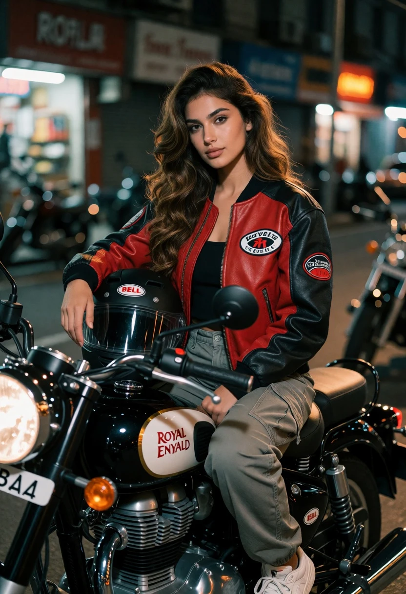 Woman on black royal enfield motorcycle in rainy urban street at night - AI generated image prompt sample