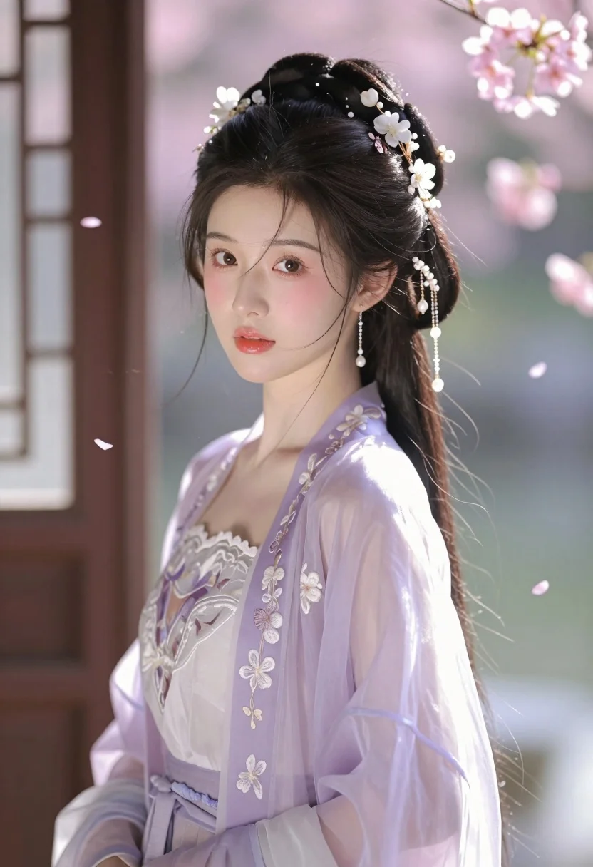 Portrait of young asian woman in lavender hanfu near window with cherry - AI generated image prompt sample