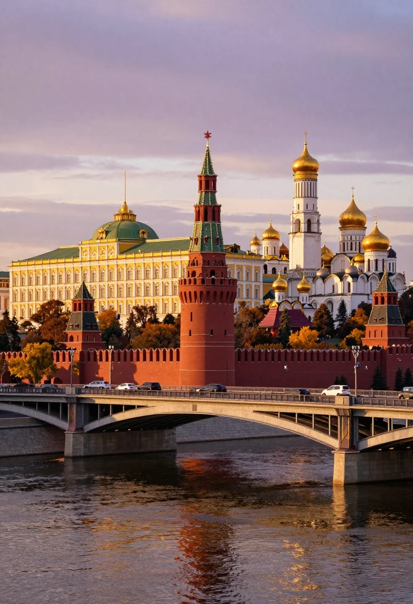 Panoramic view of moscow kremlin towers reflected in moskva river at sunset - AI generated image prompt sample