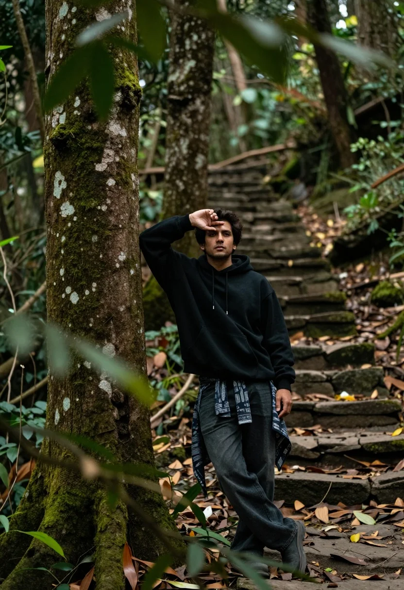 Man leaning against mossy tree in dense forest setting looking at camera - AI generated image prompt sample