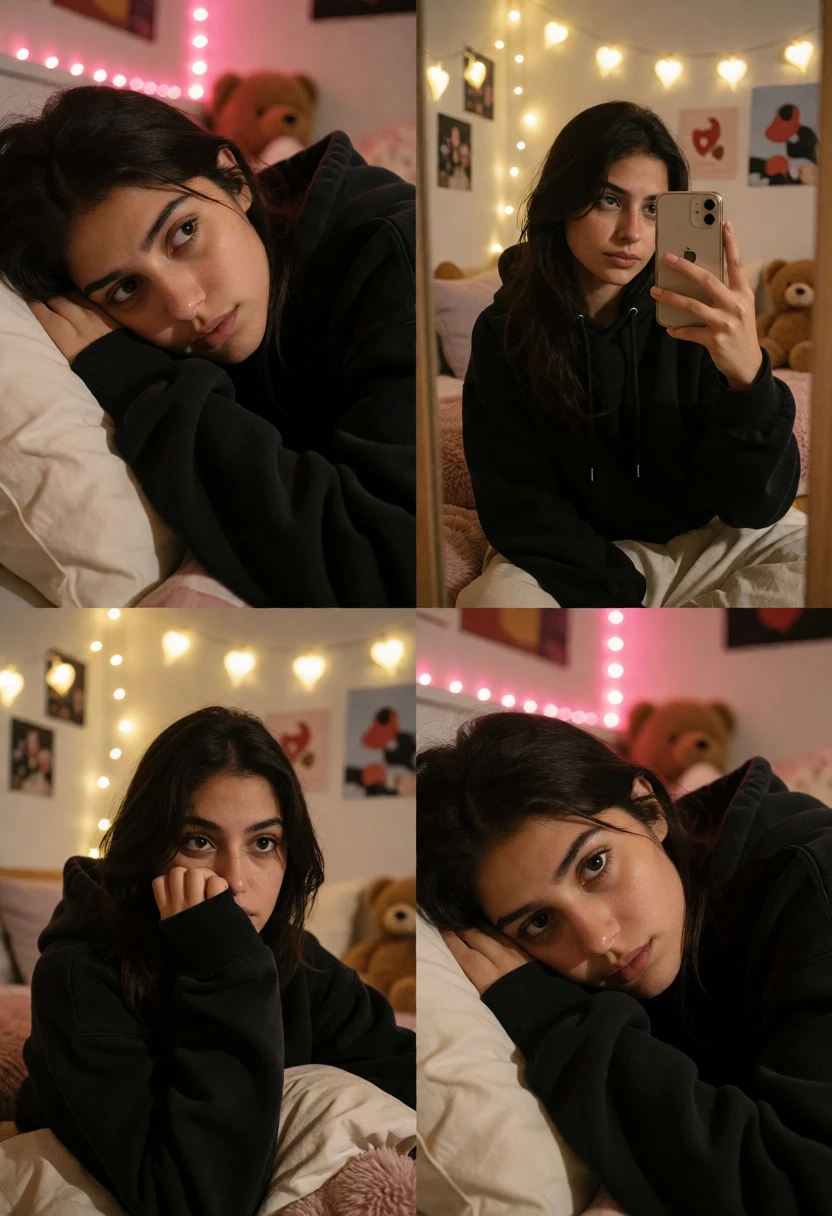Collage of candid photos of young woman in cozy bedroom setting - AI generated image prompt sample